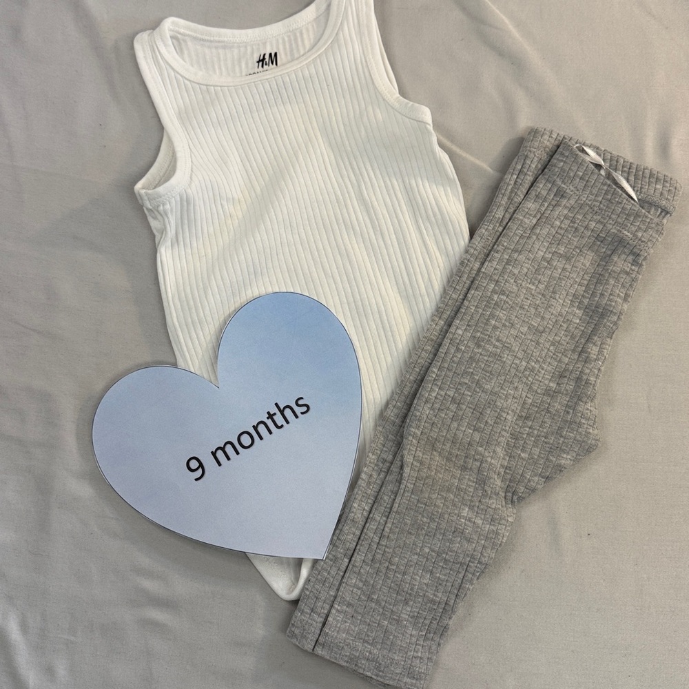 H&M - Organic Cotton 2 piece set - White Ribbed Tank and Gray Textured Pants Set
